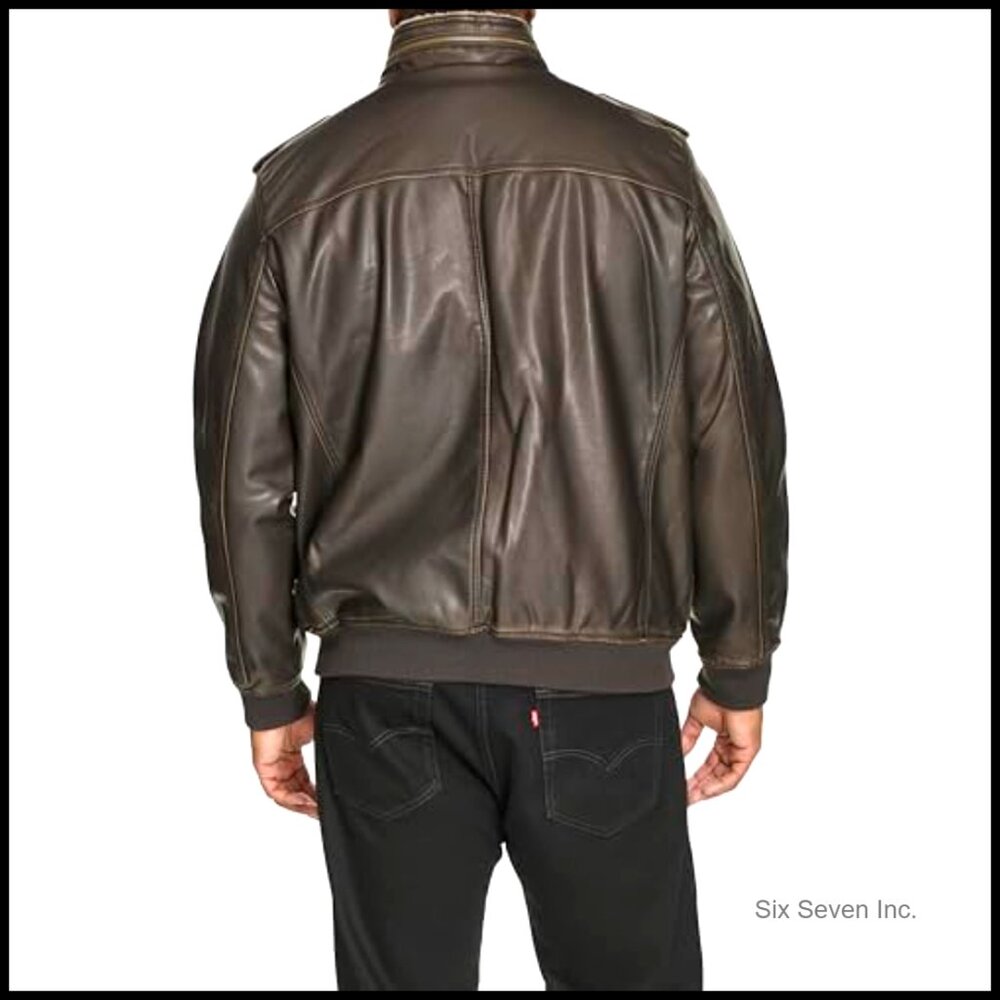 Vintage Faux Leather Aviator Bomber Jacket with Sherpa Lining - Picture 4 of 7